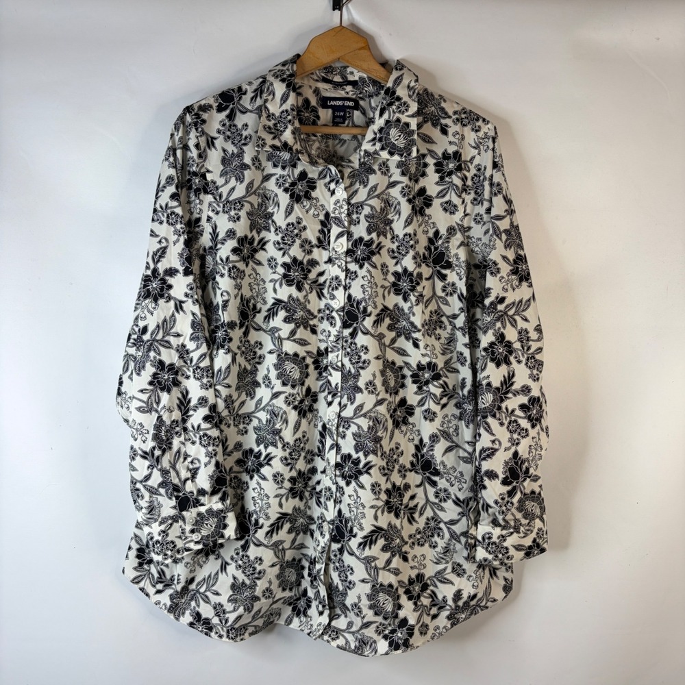 Lands' End Button Down Shirt Women 26W White Black Floral No Iron Supima Cotton